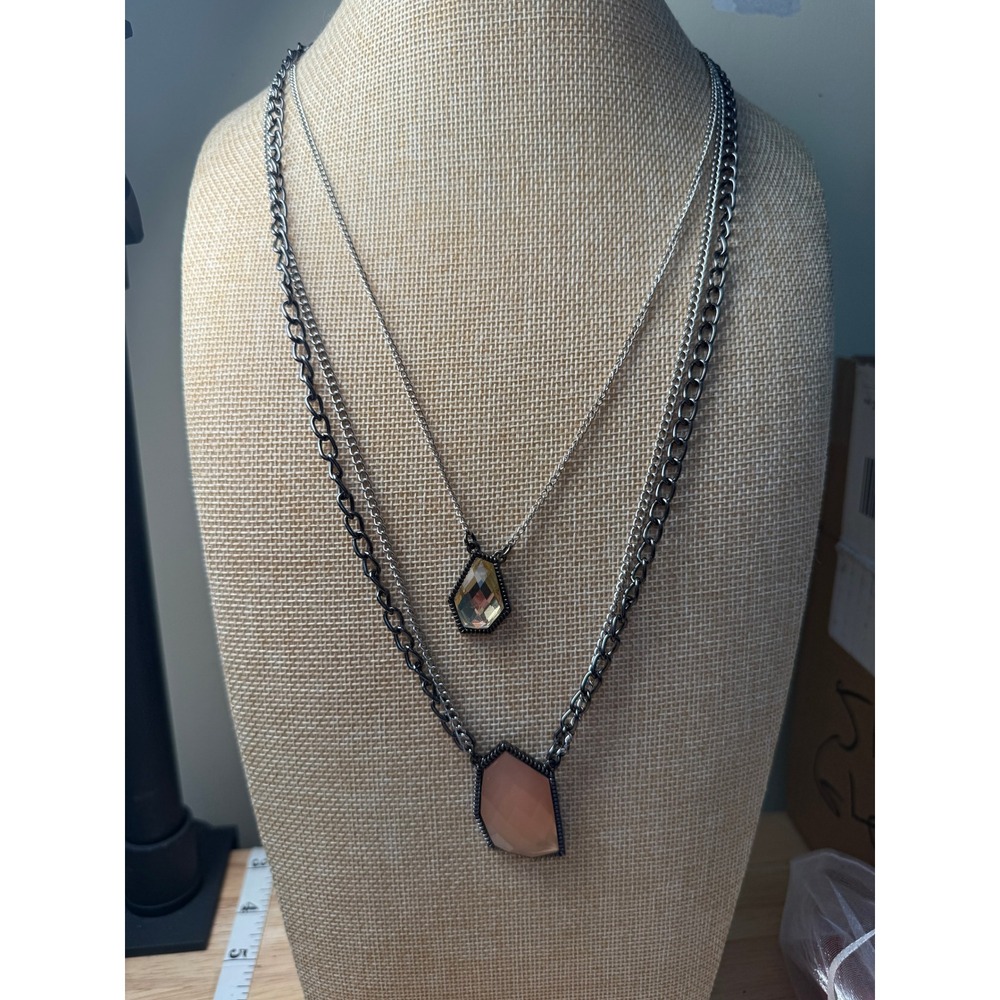 Gunmetal Iridescent Peach Stone Layered Necklace Statement Goth